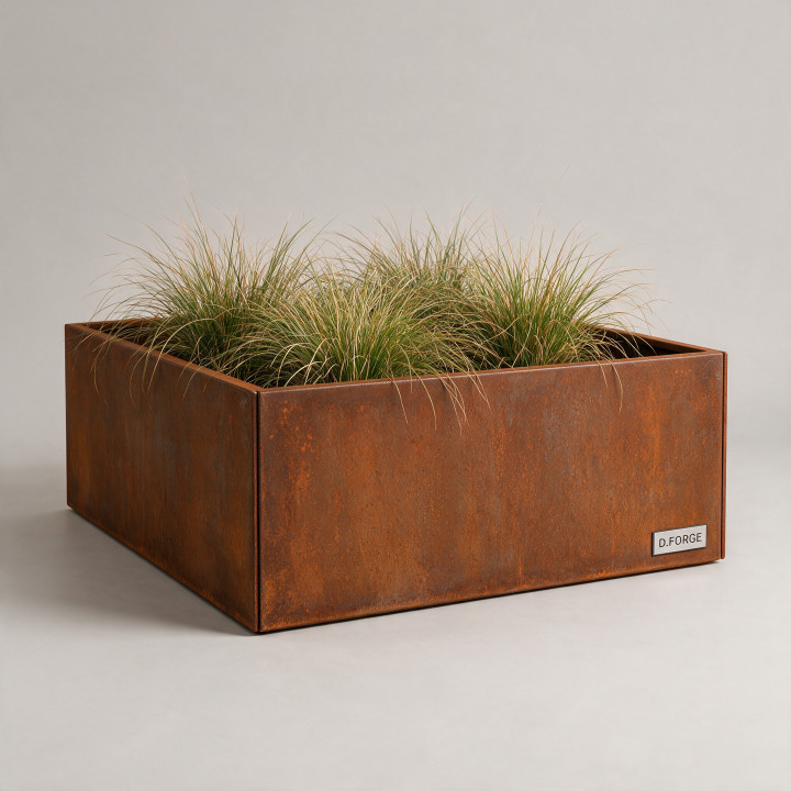 Jardinière en acier Corten - Carré - 150×150×40 cm, vue d'ensemble sur fond blanc