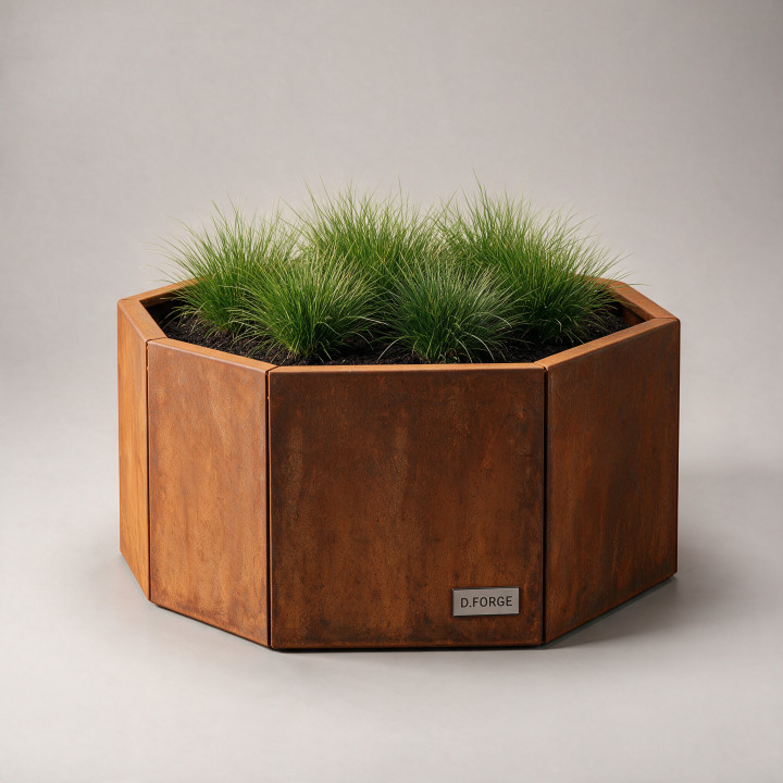 Jardinière en acier Corten - Octogone - Ø 80×60 cm, vue d'ensemble sur fond blanc
