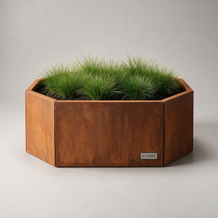 Jardinière en acier Corten - Octogone - Ø 120×60 cm, vue d'ensemble sur fond blanc