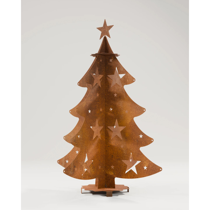 Sapin de Noël en acier Corten D.Forge, étoile au sommet et étoiles découpées, sur son socle à pieds