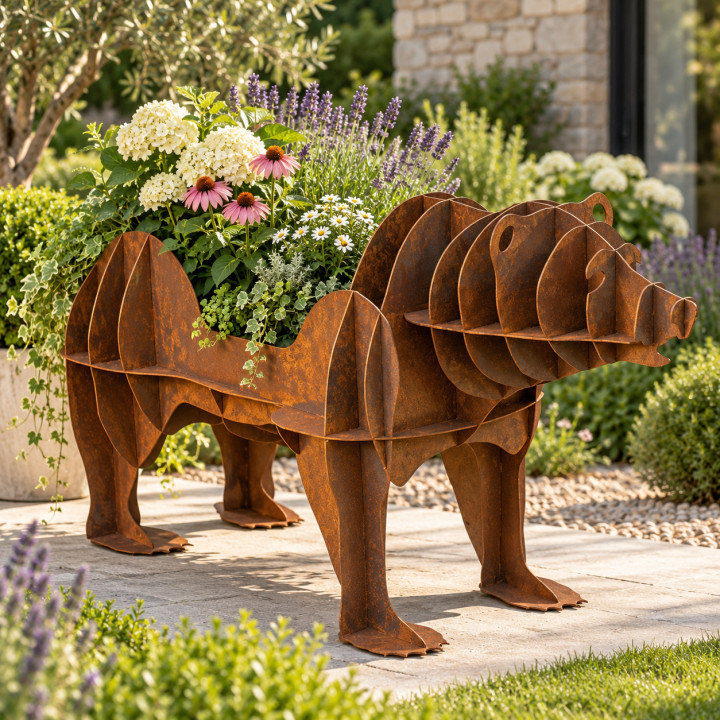 Ours jardinière en acier Corten garni de fleurs, mis en situation dans un jardin