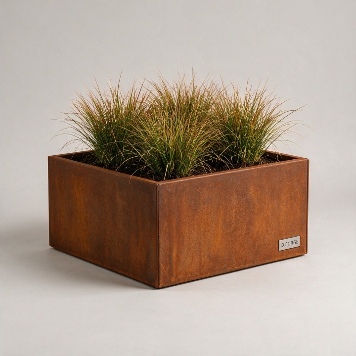Jardinière en acier Corten - Carré - 50×50×30 cm, vue d'ensemble sur fond blanc