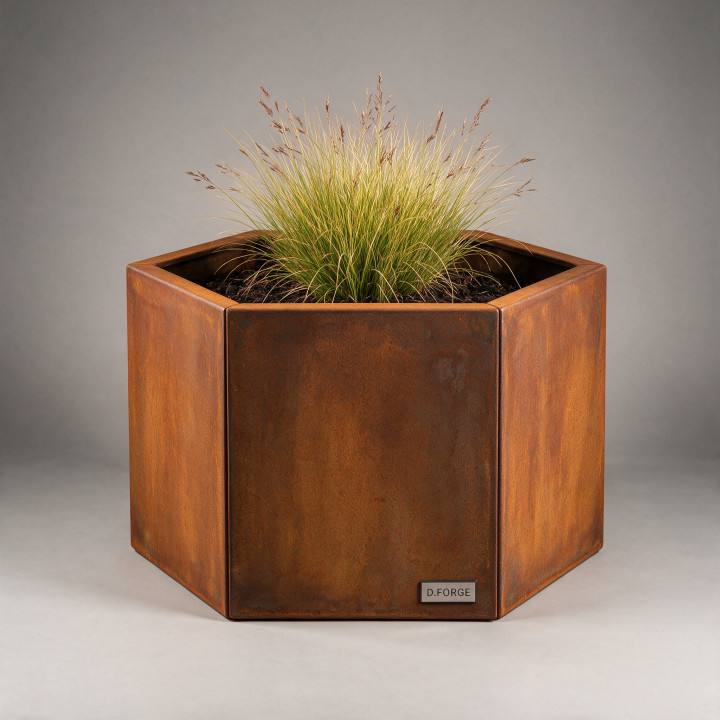 Jardinière en acier Corten - Hexagone - Ø 100×60 cm, vue d'ensemble sur fond blanc