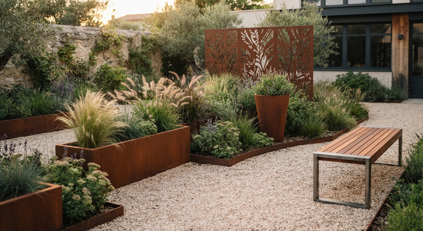 Jardinières, bordures et mobilier D.Forge dans un jardin paysager