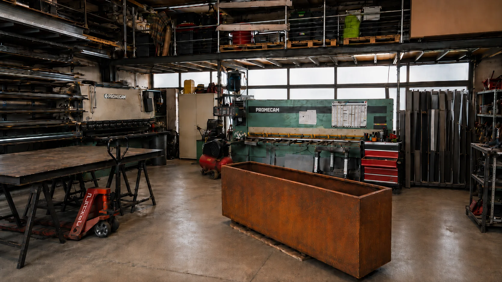Jardinière en acier Corten dans l'atelier D.Forge, devant la presse plieuse